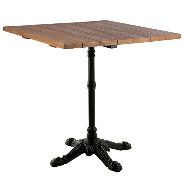 Table de bar carrée 80 cm en teck et pieds en fonte