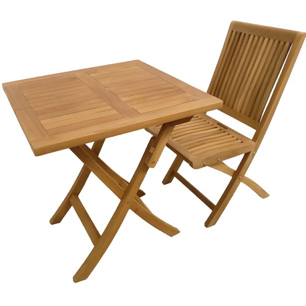 Table carrée 70 cm pliante en teck et 2 chaises